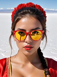 A sultry 31 year old Cuban woman models her red dress on the gleaming white salt flats