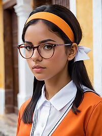 A tanned Dominican girl in an orange school uniform in the city of Cartagena