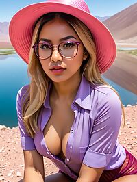 A 23 year old Mexican woman with large brown eyes stands near the Atacama Lakes