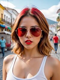 The Argentinian girl in red tank top poses innocently at sunset in Quito's streets